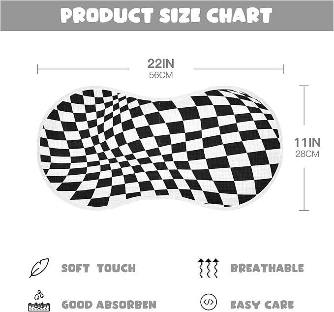 Muslin Baby Burp Cloths Set of 1, Soft Black White Checkered Absorbent Muslin Washcloths, Bibs, Face Towel for Newborn Boys Girls, 22 x 11 Inch