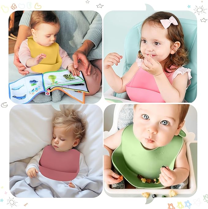 Silicone 8-Pack Bibs for Babies Toddlers Girls| Adjustable Waterproof BPA Free Soft Durable Bibs for eating with Large Pocket Food Catcher,Dishwasher Safe