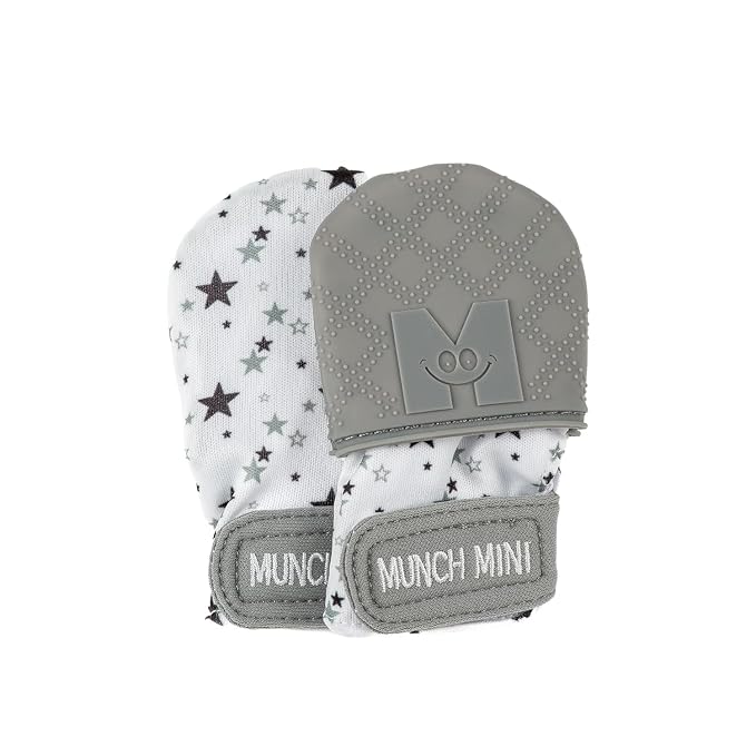 Malarkey Kids Munch Minis Combo Baby Teething Mitt Set (0-7 Months) - Anti-Scratch Newborn Mittens & Silicone Teether Gloves – Self-Soothing Chew Toy with Crinkle Sound - Grey Stars