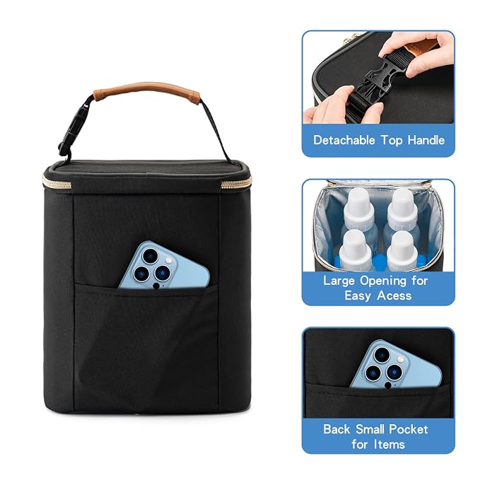 Breastmilk Cooler Bag with Ice Pack Fits 4 Baby Bottles Up to 9 Ounce, Baby Bottle Cooler Bag Suitable for Nursing Mom Daycare, Black