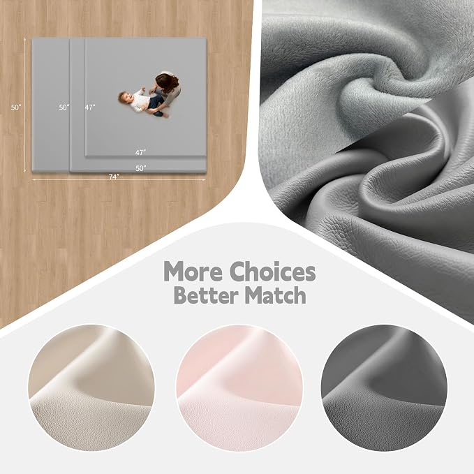Baby Play Mat for Floor, 50"×50" Playpen Mat, 1.3" Thick Elasti-Foam, Non-Slip Crawling Mat for Tummy Time, Waterproof & Wipe-Clean Playmat for Toddler,Infant, Kids (Grey）