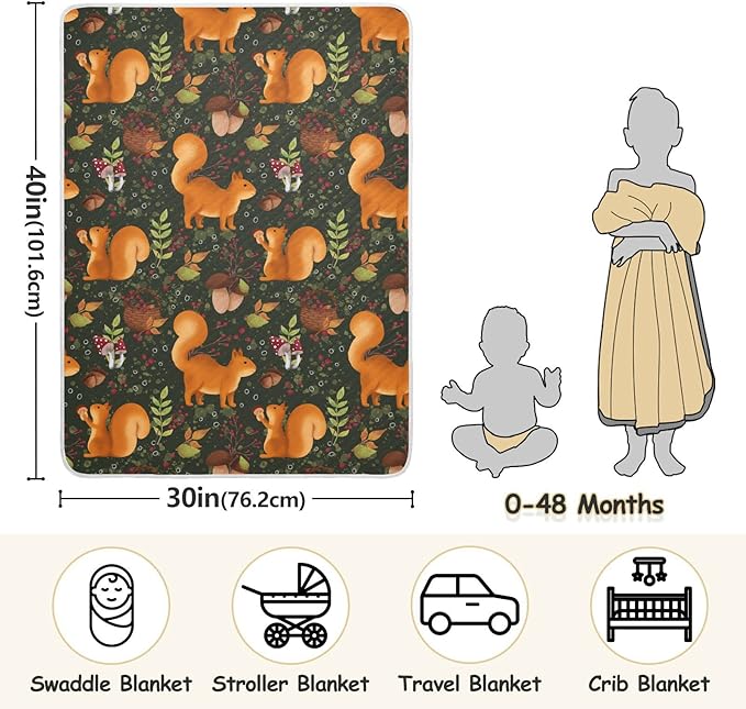 Ollabaky Mushroom Squirrel Baby Blanket for Boys Girls Cotton Throw Blanket Swaddle Blanket for Crib Stroller Nursery Receiving Blanket Infant Toddler Unisex 30"x40"