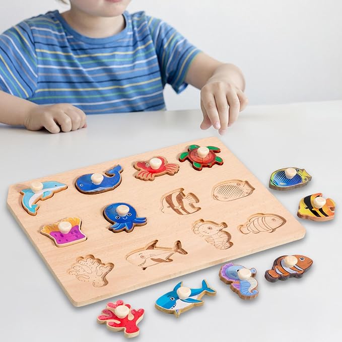 Vaveren Wooden Shapes Puzzle Shape Sorter Board Preschool Hand Eye Coordination Fine Motor Skill for Children Toddlers Birthday Gifts, Marine