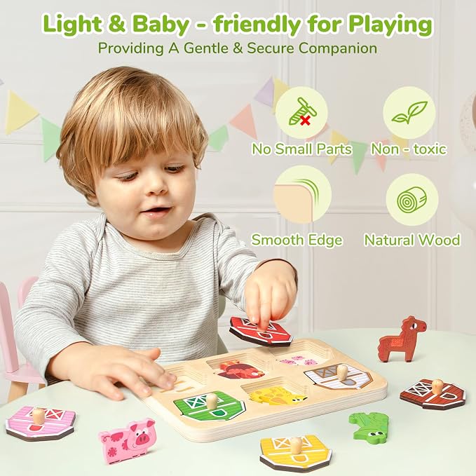 JoyCat Wooden Puzzles for Toddlers 1-3, Montessori Toys for 1 2 Year Old Boy Girl Birthday, Animal Match Farm Peg Puzzles, Preschool Learning Toys for Toddlers Age 1-2 (Pack of 2)