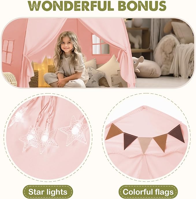 Extra Large Toddler Bed Tent & Kids Play Tent Bed Tent with Flags & Star Lights, Portable & Foldable Teepee, Indoor Outdoor Dome Tent Playhouse, 59x39x59 in,Pink