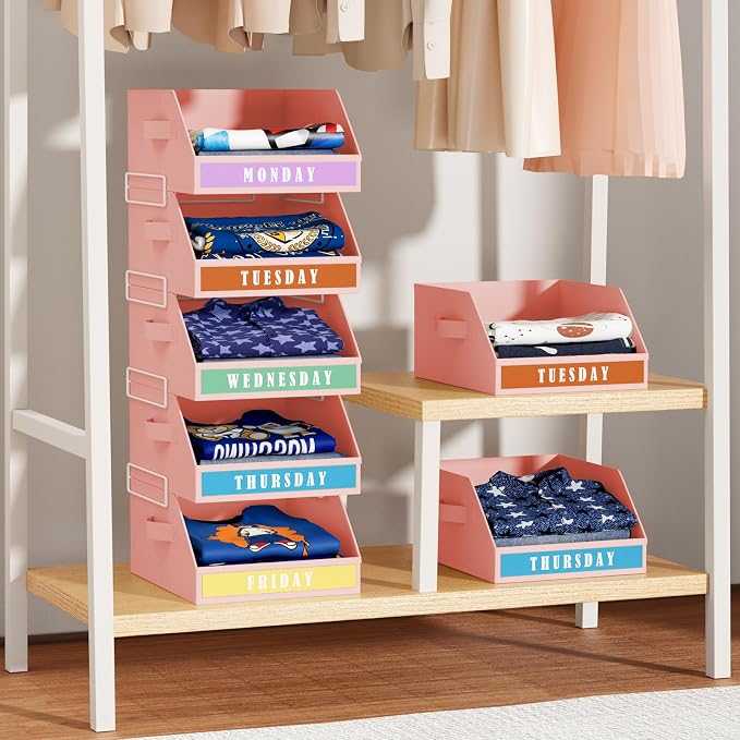 DIMJ Closet Organizers Storage Bins - Clothes Organizer Kids with Weekly Labels & Frame, Stackable Basket Organization, Foldable Shelf Storage Container for Wardrobe Bedroom