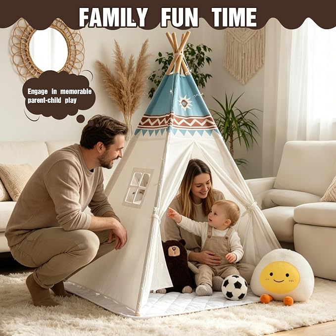 RONGFA Teepee Tent for Kids, 100% Cotton Play Tent with Mat, Kids Teepee Tent with Colored Flag, Quality Portable Play Tent with Carry Bag for Girls and Boys Indoor Outdoor (Beige Blue with Mat)