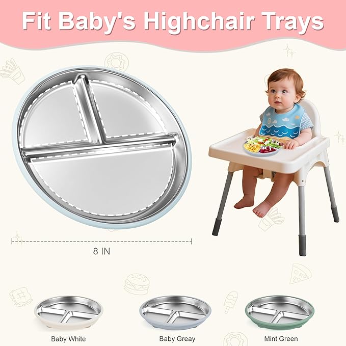 Bella?™s Friends Stainless Steel Baby Plates with Suction 3 Pack, 8??Divided Toddler Plates with Removable Silicone Sleeves for Mess-Free Feeding, Non-Toxic, Non-Slip, Dishwasher Safe, beige,gray,green