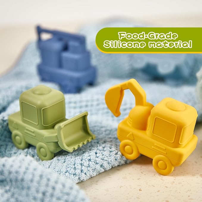 Mold Free Bath Toys for Toddlers, 4 Pack Food Grade Silicone Bath Toys, Easy Clean Truck & Construction Car Bath Toy | Squeezable & Floating Bathtub Toys | Beach Water Pool Toys for Boy Girl Gifts