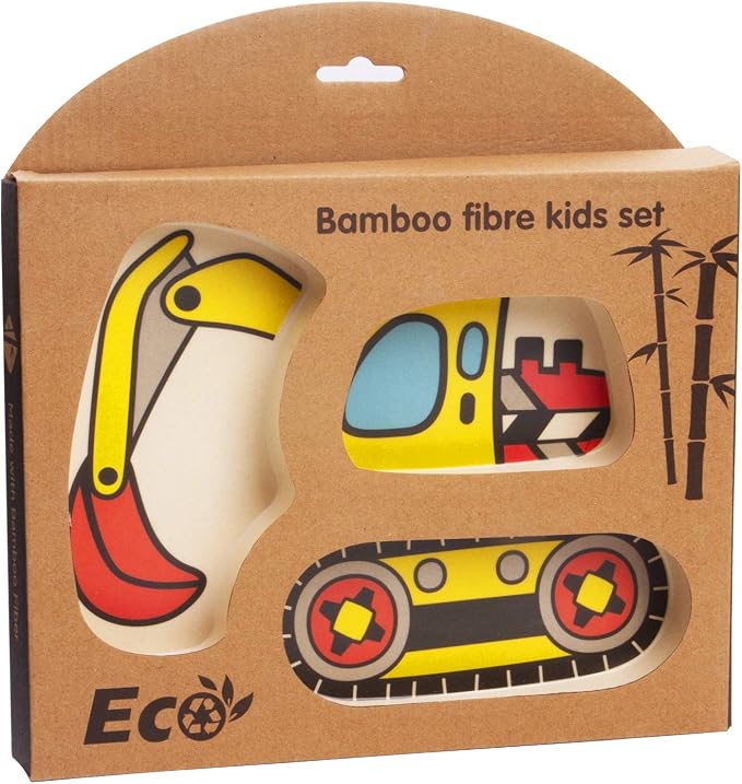 Kid Plate Set Bamboo Toddler Plates Dinnerware Dinner Dish Set Baby Feeding Spill Proof Divided Plate - Baby Spoon and fork 3-Piece Set for Kids and Toddlers (excavator/bulldozer)