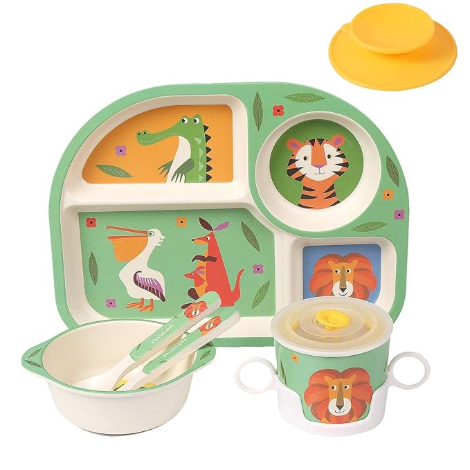 shopwithgreen 7Pcs/Set Bamboo Kids Dinnerware Set - Children Dishes - Food Plate Bowl Cup Spoon Fork Set Dishware, Cartoon Tableware, Dishwasher Safe Kids Healthy Mealtime, BPA Free