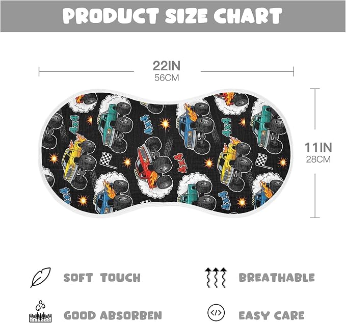 4 Pack Muslin Burp Cloths Monster Truck Black Print Cotton Baby Burp Cloths Absorbent Soft Burping Cloth Washcloths for Newborn Babies 22x11 Inch
