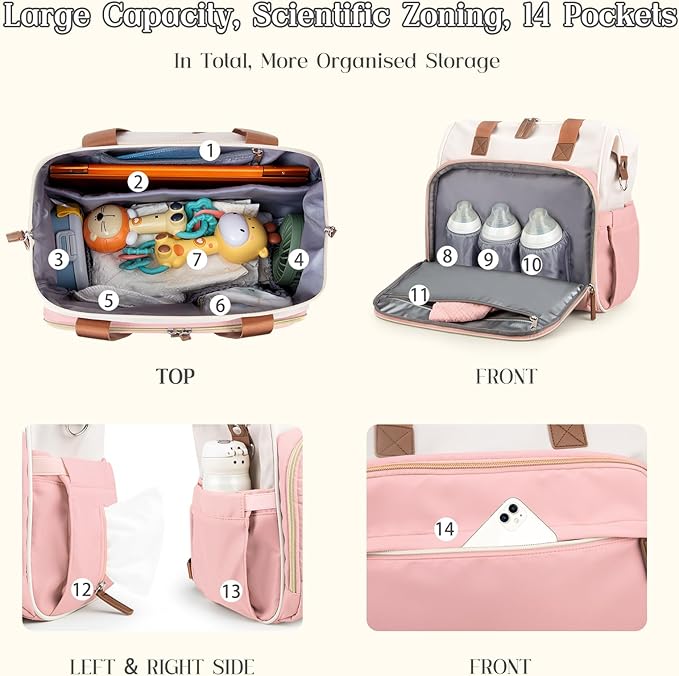 Pripher Diaper Bag Backpack Mommy Bag Large Capacity Diaper Backpack Travel Essential Baby Diaper Bag for Mom and Dad, Pink & Beige