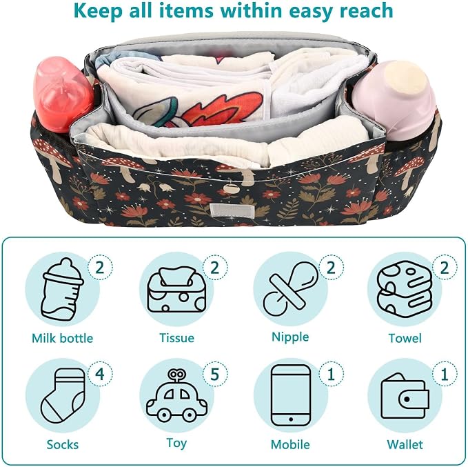 Forest Mushrooms Flowers Black Print Universal Stroller Organizer with Shoulder Strap & Cup Holder，Baby Stroller Caddy Bag for Shopping and Walking