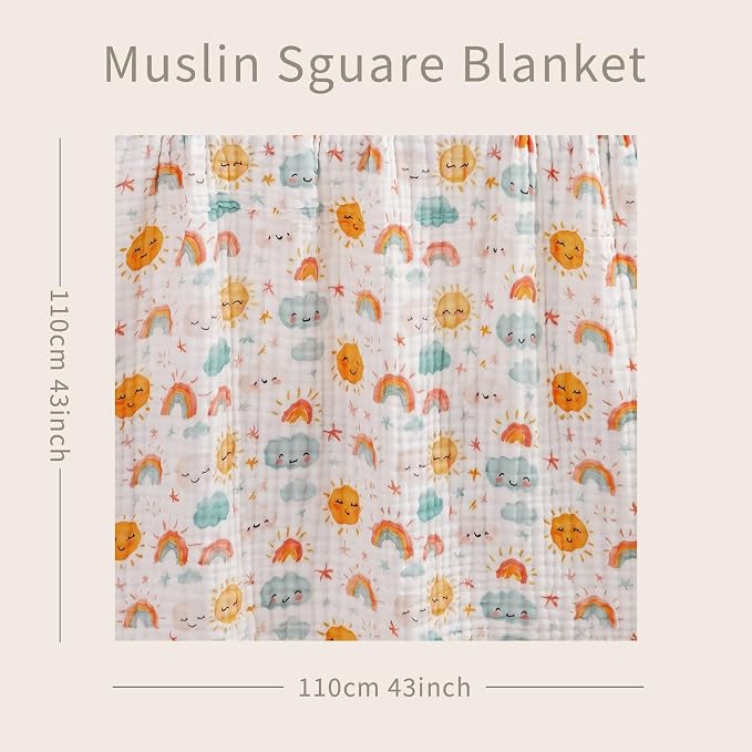 Muslin Swaddle Blankets 6-Layer Cotton Baby Blankets for Boys & Girls 43"X43"Inches Receiving Blankets,Soft Skin-Friendly Baby Crib Blanket,Breathable Quilt Bedspread(Sunny)