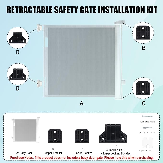 2 Sets Baby Retractable Gate Replacement Parts, Baby Door Extension Fittings Hardware Kit Extender Mount with 4 Latch 4 Bracket 1 Set of Screws & Four Adhesive Sheet for Safety Door Installation