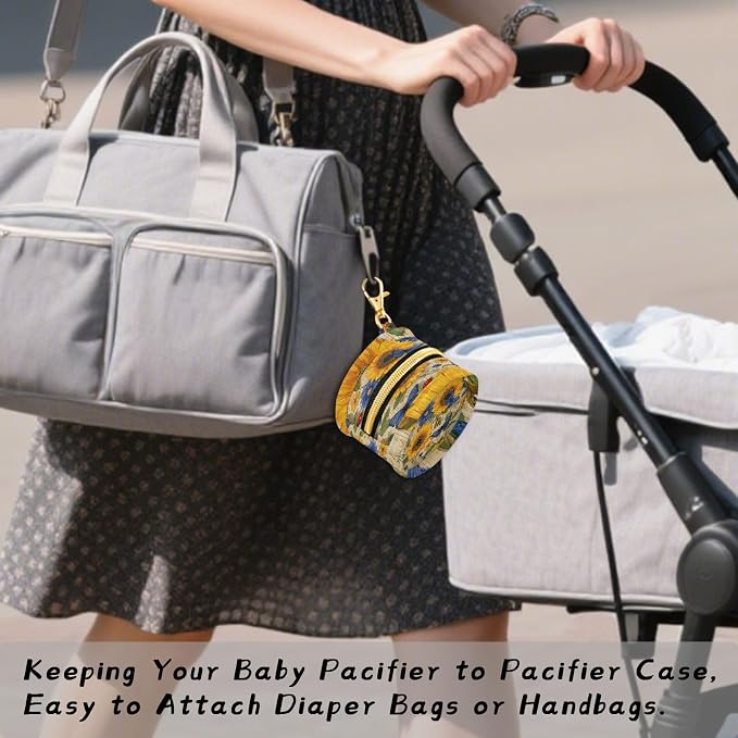 Pacifier Holder with Clip Pacifier Case for Diaper Bag Round Baby Pacifier Pouch Box Bag Portable Beige Sunflower Butterfly Ladybug