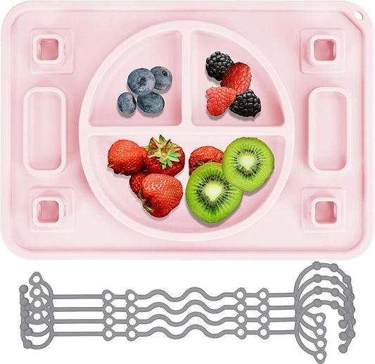 Strong Suction Baby Placemat, STARTURFLYU Silicone Toddler Plate with 4 Toy Straps & Anti-Peel Design, Dishwasher Safe Travel-Friendly Sensory Mat for High Chair, Airplane, Baby Led Weaning (Pink)