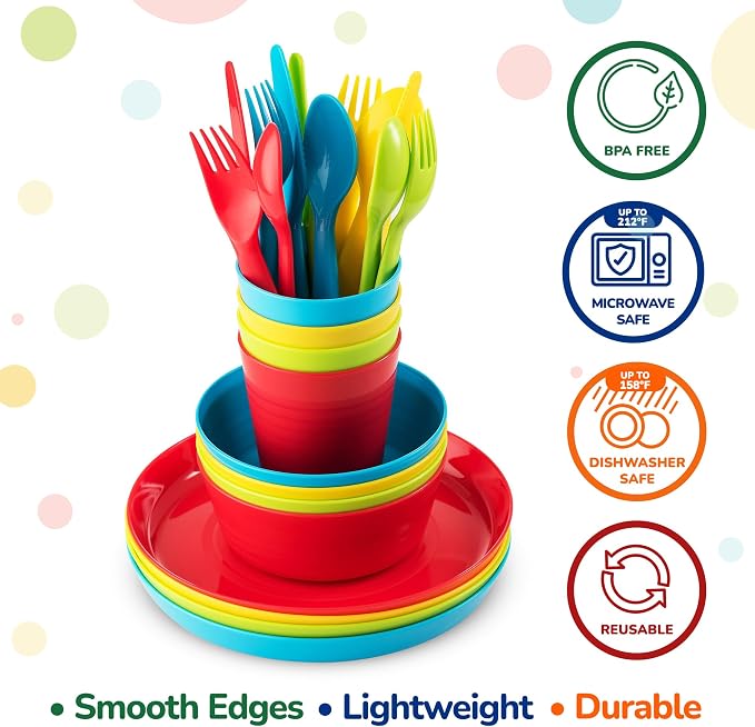 PLASKIDY Kids Plastic Dinnerware Set - 36 Pc Reusable Children's Dinner Set Microwave / Dishwasher Safe BPA Free Toddler Dishes Dinnerware Set Includes Kids Plates and Bowls Kids Cups & Flatware.