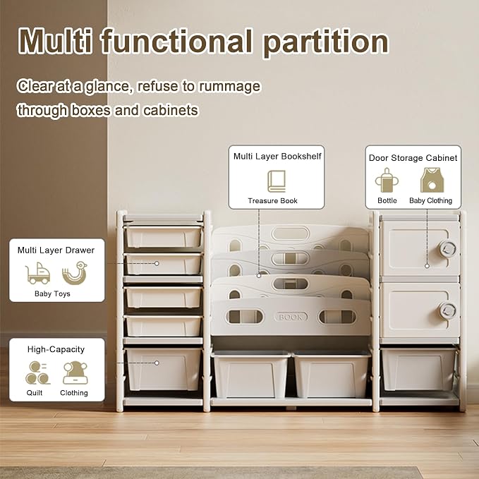 Kids Toy Organizer with 6 Storage Bins, Toy Organizer and Storage for Kids’ Toys, Children Toy Storage Organizer for Playroom, Kids Room, Nursery Room (Grey Large)