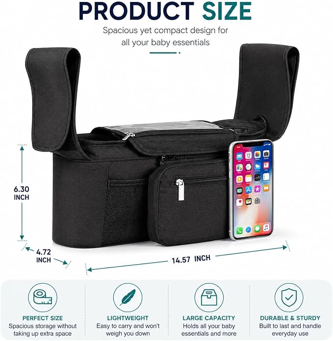 Stroller Organizer with Insulated Cup Holders and Detachable Pouch Universal Stroller Caddy Bag with Phone Pocket and Storage for Baby Essentials and Travel Accessories