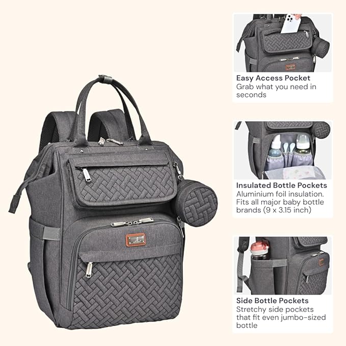 BabbleRoo Diaper Bag Backpack, Multifunction Large Bags with Changing Pad & Stroller Straps & Pacifier Case, Unisex Stylish Travel Back Pack Nappy Changing Bag for Moms Dads (Dark Gray)