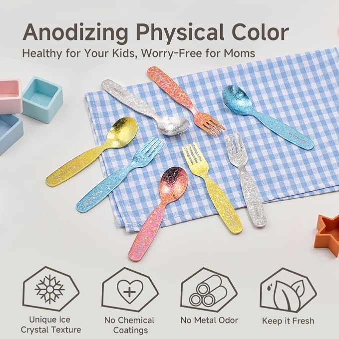 KINGSTONE Toddler Utensils Set, Pure Titanium 2-Piece Fork & Spoon Gift Set, Lightweight Kids Silverware for Self-Feeding Training, Easy Grip, BPA-Free, Dishwasher-Safe, Gold