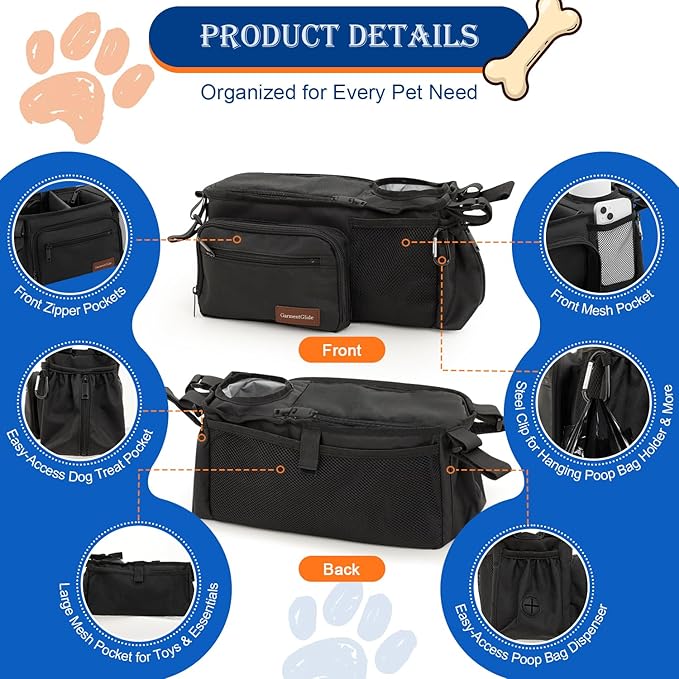 Dog Stroller Organizer Bag, Dog Mom Gifts for Women Pet Stroller Caddy, Stroller Accessories with Cup Holder, Poop Bag Dispenser, Pockets for Dog Essentials, Fits 14??9" Handles, Dog Mom Gift Ideas