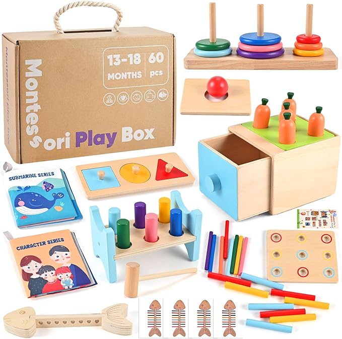 Wooden Montessori Toys for 1+ Year Old, 9-in-1 Learning Educational Set with 3-in-1 Activity Box, Pound Bench, Shape Puzzle, Cloth Books, Fishbone Matching & Ring Stacker