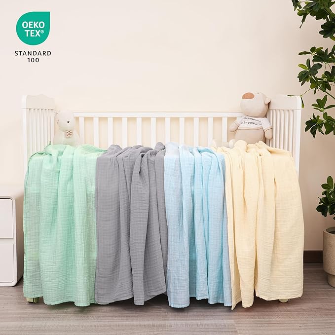 david's kids 4 Pack Baby Muslin Swaddle Blankets 47" x 47", 100% Cotton Swaddling Blankets Wrap for Boys Girls, Ultra Soft Breathable Receiving Blanket, New Born Essentials, Green&Grey&Blue&Beige