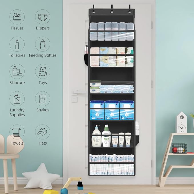 Over Door Organizer with 6 Extra Large Pockets 12 Side Pockets, Sturdy Closet Storage Rack, Hanging Storage Organizer with Clear Window for Shoes, Diapers, Bedroom, Bathroom, Black