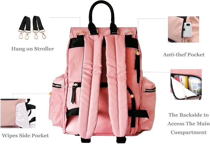Quality Diaper Bag Backpack - Multi-Function Travel Backpack with Stroller Strap - Large Capacity, Stylish & Lightweight - Baby Nappy Bag for Baby Girl & Boy (Pink)