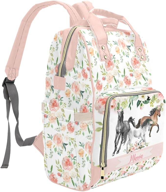 Personalized Cute Diaper Bag Backpack with Name Customized Floral Horse Mommy Bags for Moms with Muti Pockets Custom Portable Nappy Bag Travel Backpack with Large Capacity for Women