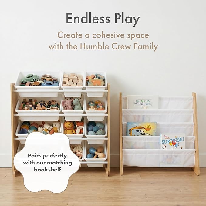 Humble Crew Kids Toy Storage Organizer with 12 Plastic Bins, Natural Wood/White ??Removable Bins for Playroom, Bedroom, Toddler Furniture for Boys and Girls Ages