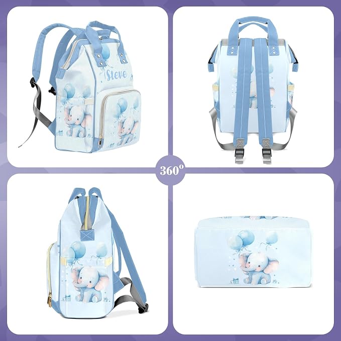 Cute Elephant Large Personalized Diaper Bag Backpack for Baby Boy with Name, Thermal Pockets, Waterproof Custom Baby Bags for Boys, Multi-functional Customized Nappy Bag Mom Travel Daypack