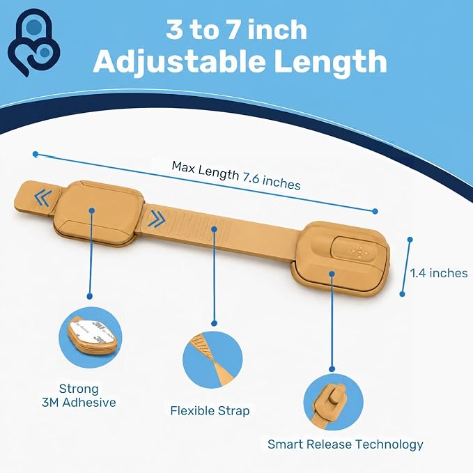 3M Adhesive Child Safety Strap Locks by Baby Proof Me, Baby Latches for Cabinets, Dishwashers, Fridges, Ovens and Trash Cans, Stain Free Toilet Lock (Oak, 6 Safety Latches)
