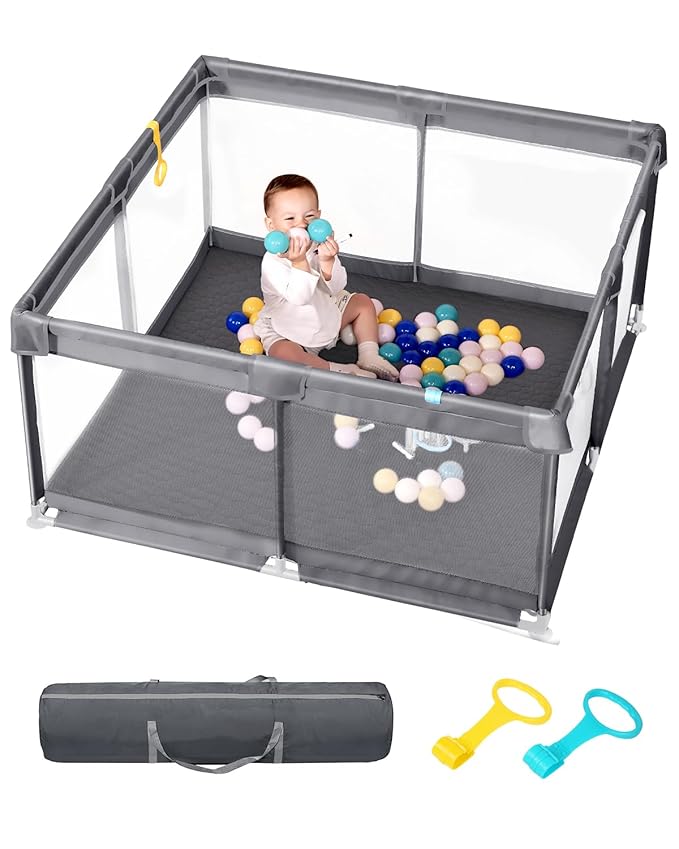 dearlomum Baby Playpen with Non Removable Mat, Extra Large Play Yard for Babies & Toddlers, Portable Travel Playpen, Baby Activity Center for Indoor & Outdoor Use (Grey 50"×50")