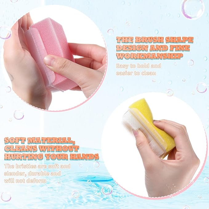 Sunnyray 12 Pcs Bath Sponges Soft Foam Scrubber with Cradle Cap Bristle Brush 2 in 1, Cleansing Body, Hair and Scalp Cleansing, Gentle on Baby and Toddler Sensitive Skin, Sterile and Safe