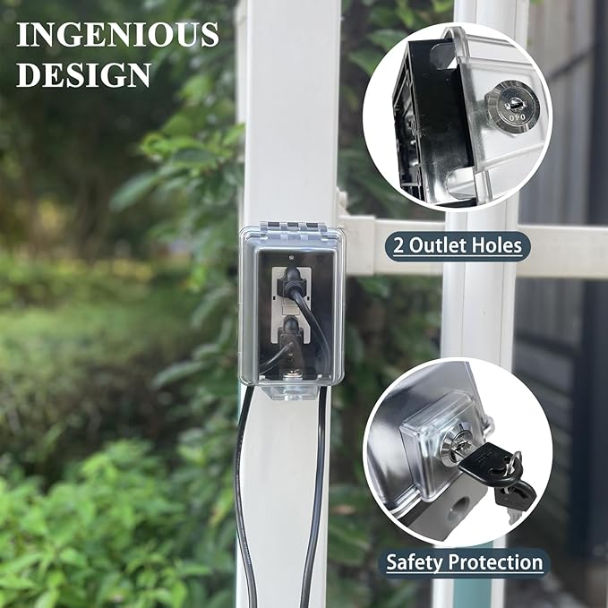 Universal Standard Electrical Outlet Cover with Lock,Fits Most 2.6 "H x 2.5 "W or Smaller Plugs, Clear Outlet Waterproof Cover Box Fit for Outdoor in-Use（2 Pack）