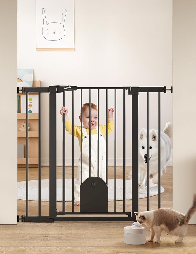 Babelio 36" Tall Auto Close Baby Gate with Small Cat Door, 29-43" Metal Cat Gate for Doorway, Stairs, House. Easy Walk Thru Dog Gate with pet Door, Includes 4 Wall Cups and 3 Extension Pieces, Black