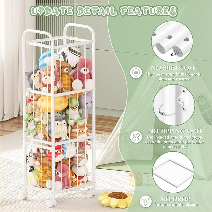 Stuffed Animal Storage Metal Tube Extra Large Toy Storage Organizer with Brake Wheels, Stuffed Animal Holder Zoo Organizer for Nursery Playroom Kids Room White(53.5??x 18.1?�x 13??