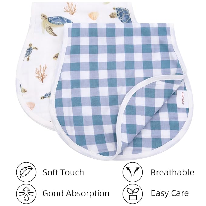 LifeTree Muslin Baby Burp Cloths - 2 Pack 70% Viscose from Bamboo and 30% Cotton Large 22'' by 10.6'' Absorbent Milk Spit Up Rags - Burping Cloths for Newborn, Girls Boys, Sea Turtle & Blue Checkered