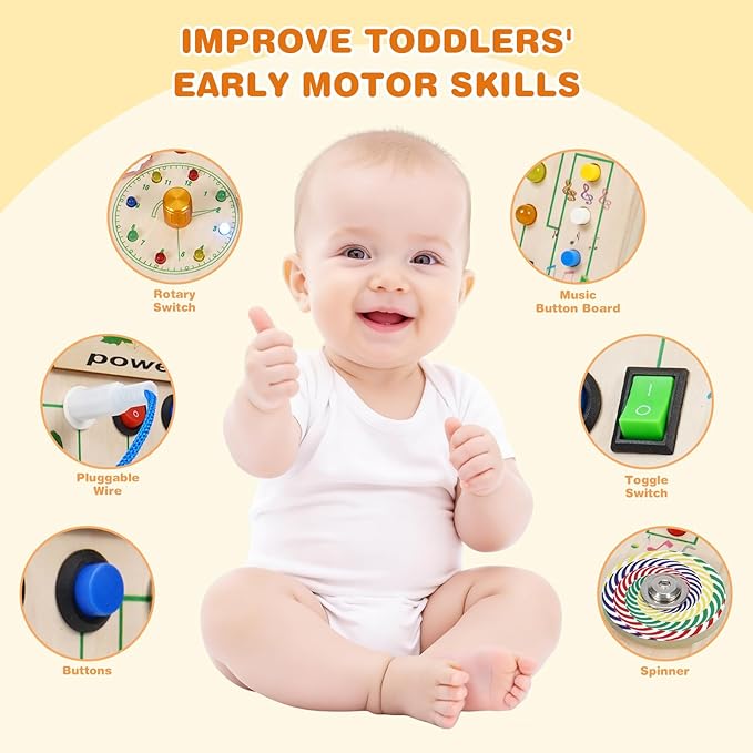 Montessori Wooden Busy Board with LED Light Up Switches & Music and Spinning Top, Toddler Sensory Educational Fidget Board, for 1+ Year Old Baby and Toddler