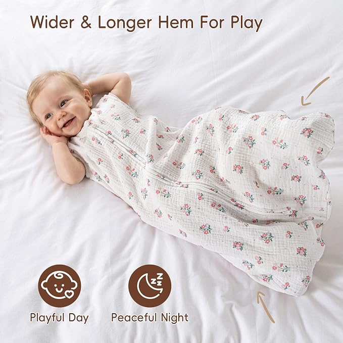 david's kids Muslin Cotton Baby Sleep Sack 6-12 Months, 2 Pack 100% Cotton Sleep Sack for Summer, TOG 0.5 Baby Wearable Blankets with 2-Way Zipper, Soft Sleep Sacks for Newborn, Rabbit & Floral