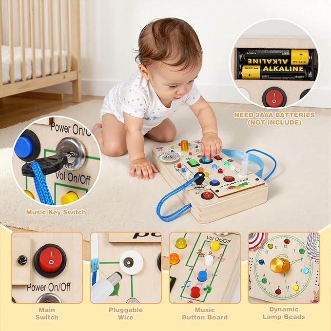 Montessori Wooden Busy Board with LED Light Up Switches & Music and Spinning Top, Toddler Sensory Educational Fidget Board, for 1+ Year Old Baby and Toddler
