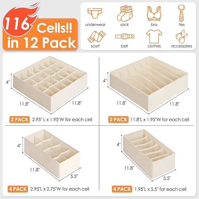 12 Pack Baby Clothes Organizer for Nursery, 116 Cells Fabric Foldable Dresser Closet Organizers and Storage Bins for Clothing, Women Men Underwear Socks, Bra, Ties, Scarf, Belt, Hair Accessories