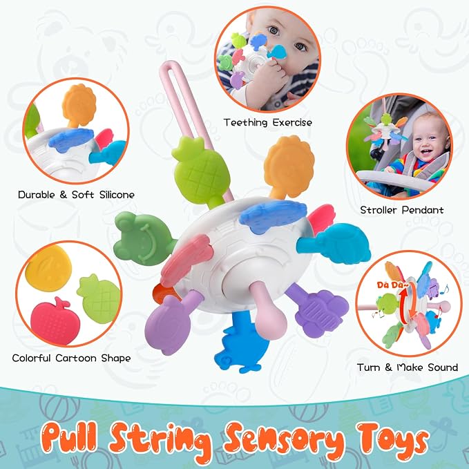 Wuzhineisn Montessori Baby Toys for Ages 6-18 Months - Pull String Teether, Stacking Blocks, Sensory Shapes Storage Bin, Infant Bath Time Fun, 4 in 1 Toddlers Toy Gifts for 1 2 3 Year Old Boys Girls