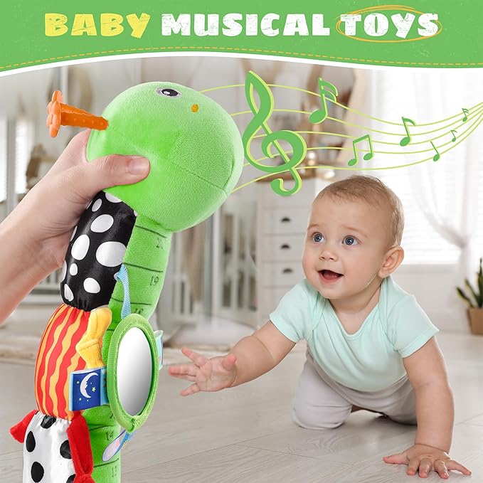 AWOTOY Baby Toys 6-12 Months Music Caterpillar,Stuffed Animals Infant Toys 0-3-6 Months,Teething Sensory Toys Tummy Time with Mirror Crinkle Rattle&Pull String for Boys Girls Gifts Birthday|Green