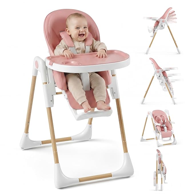 Baby High Chair, Convertible Folding Highchair with Dishwasher-Safe Tray, Adjustable Heights, 5-Point Harness, Portable Dining High Chairs for Babies and Toddlers (Wood Grain+Blush Pink)