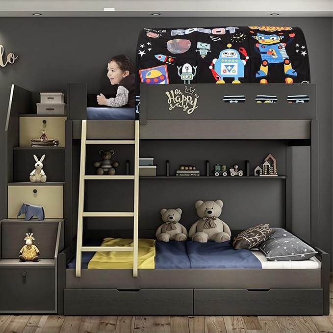 Kids Bed Tent Twin Beds -Cartoons Wonder Play Tents Boys Girls Ventilated Indoor Play Tent Children Promotes Independent Play, Stimulates Imagination Set-Up Playhouse (Robots)